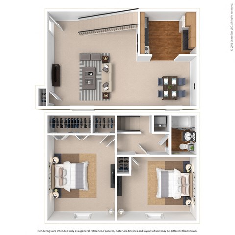 a stylized floor plan with a bedroom and a living room