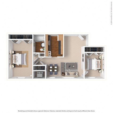 a stylized 3d floor plan with a bedroom and living room