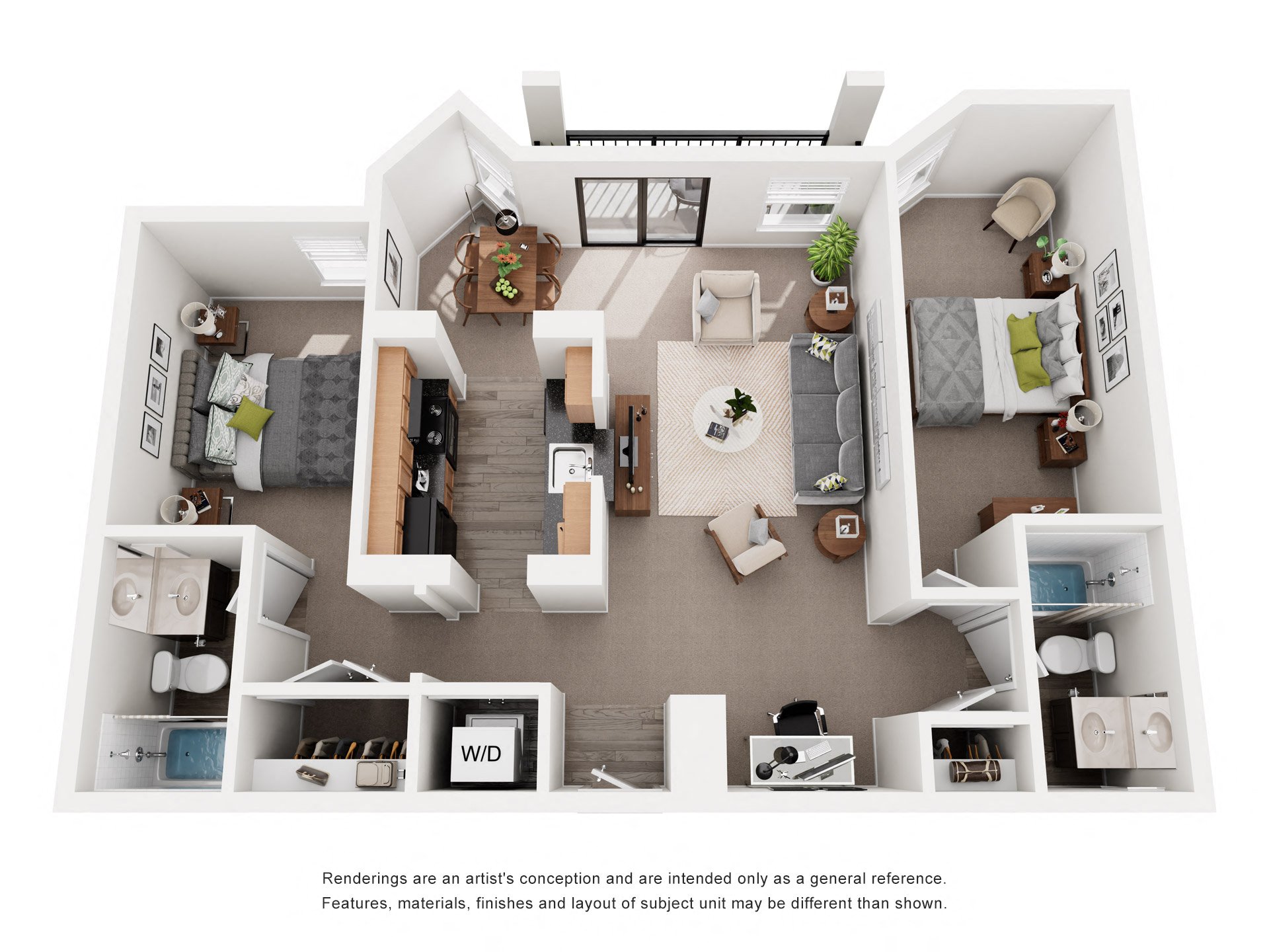 A floor plan of a small apartment with a kitchen, living room, and bedrooms.
