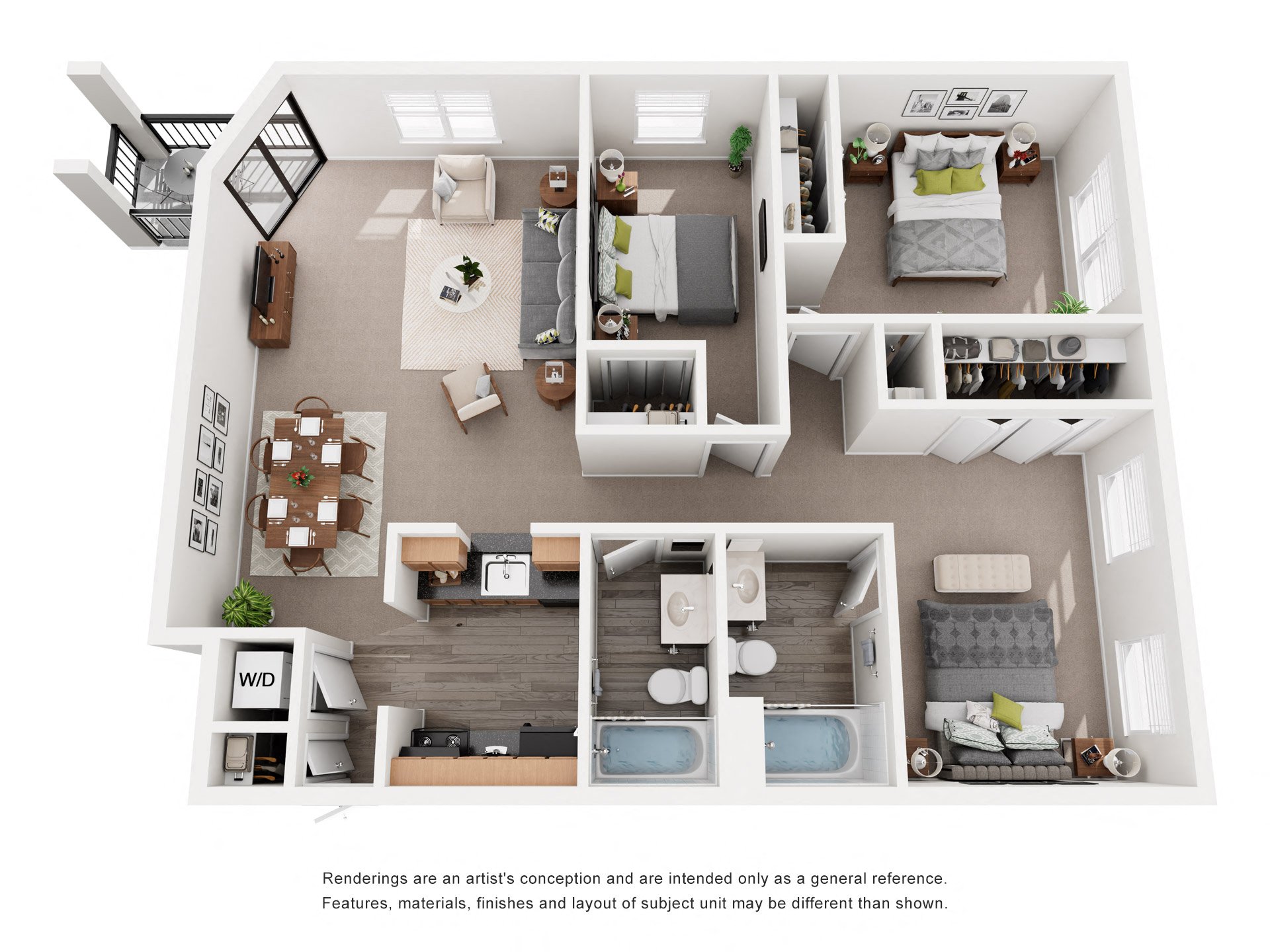 A 3D floor plan of a house with a kitchen, living room, dining room, and bedrooms.