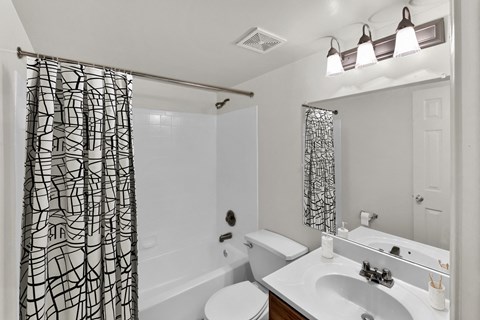 a bathroom with a shower curtain and a sink and a toilet