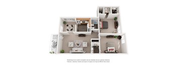 a stylized 3d floor plan of a 2100 sq ft house
