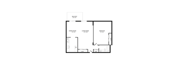 A black and white image of a floor plan for a balcony, dining room, living room, and bedroom.