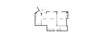 A floor plan of a house with a balcony, dining room, living room, and bedroom.