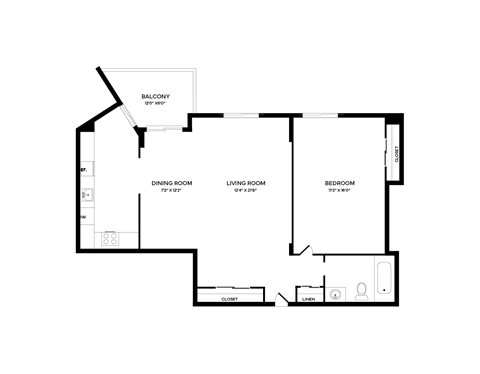 A floor plan of a house with a balcony, dining room, living room, and bedroom.