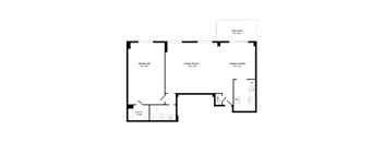 A black and white image of a floor plan for a home with a balcony, bedroom, living room, and dining room.