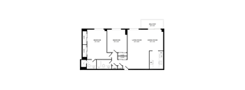 A floor plan of a house with a balcony, two bedrooms, a living room, a dining room, a kitchen, a laundry area, and a driveway.