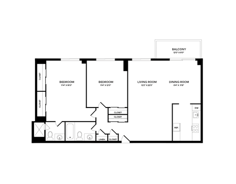 A floor plan of a house with a balcony, two bedrooms, a living room, a dining room, a kitchen, a laundry area, and a driveway.