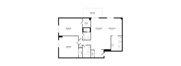 A black and white image of a floor plan for a home with a balcony, two bedrooms, a living room, a dining room, a kitchen, a bathroom, and a laundry area.