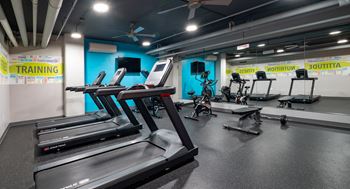 A gym with treadmills and exercise bikes.