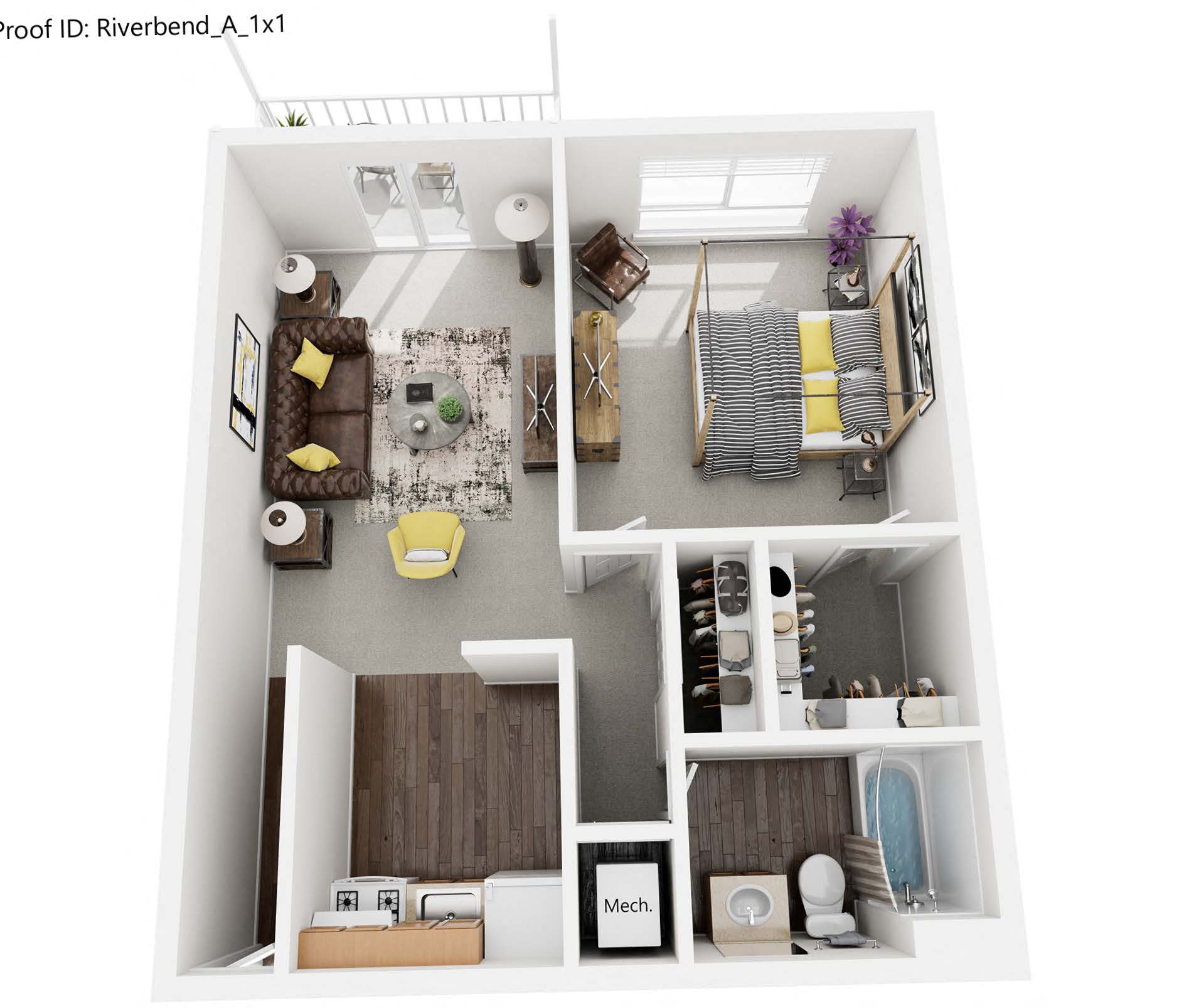 a 1 bedroom floor plan  the Riverbend apartments