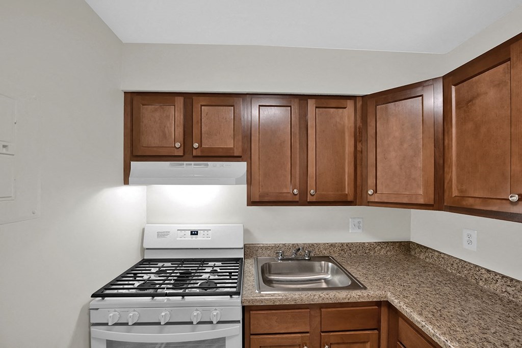 an empty kitchen with a stove and sink and wooden cabinets