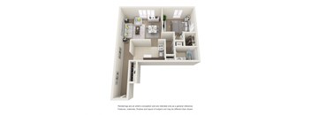 3D floor plan with a bedroom and a living room
