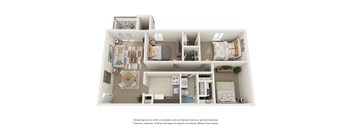 3d floorpland with three bedrooms, living room and kitchen