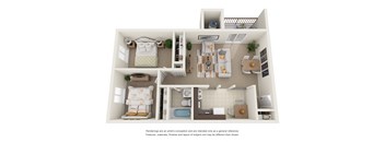 a stylized floor plan of a 1 bedroom apartment