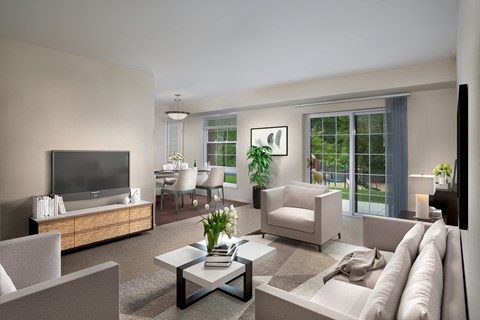 a rendering of a living room with a couch and a television