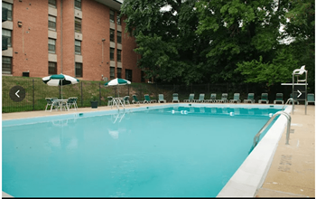 A long rectangular swimming pool with white ladders on the side.