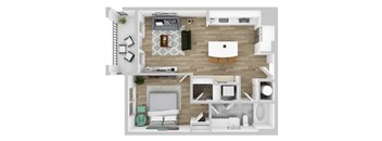 A top-down view of a modern apartment layout with a living room, kitchen, and bathroom.