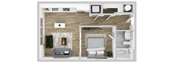 A top-down view of a small apartment with a living room, kitchen, and bathroom.