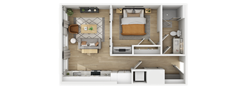 3D floor plan of one bedroom apartment layout at The Yancey Apartments, Charlotte