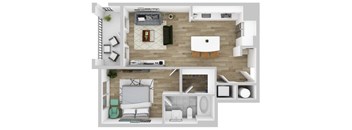 A top-down view of a modern apartment with a living room, kitchen, and bathroom.