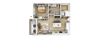 3D floor plan of one bedroom apartment with balcony at The Yancey Apartments, North Carolina