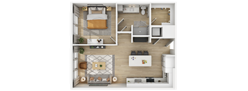 3D floor plan of studio apartment layout at The Yancey Apartments, North Carolina, 28217