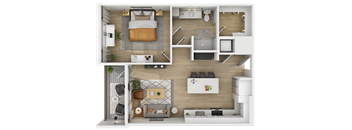 3D floor plan of one bedroom apartment with open layout at The Yancey Apartments, Charlotte, NC 28217