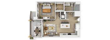 3D floor plan of one bedroom one bathroom apartment at The Yancey Apartments, Charlotte, NC