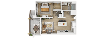 3D floor plan of two bedroom apartment with balcony at The Yancey Apartments, Charlotte, North Carolina