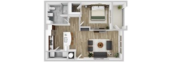 A top-down view of a small apartment with a bedroom, living room, and kitchen.