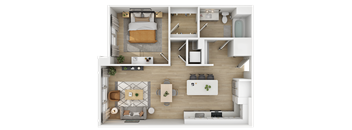 3D floor plan of two bedroom apartment with bathroom at The Yancey Apartments, Charlotte