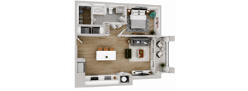 A top-down view of a modern apartment layout with a kitchen, living room, and bedroom.