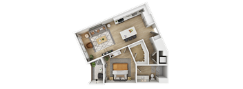 3D floor plan of one bedroom with open kitchen and living area at The Yancey Apartments, North Carolina
