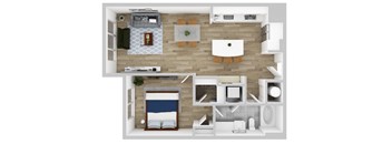 A top-down view of a small apartment with a bed, a couch, a dining table, and a kitchenette.