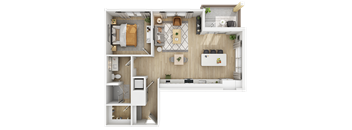 3D floor plan of one bedroom with open living space at The Yancey Apartments, North Carolina, 28217