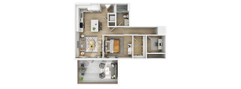 3D floor plan of two bedroom apartment with patio at The Yancey Apartments, Charlotte, NC 28217