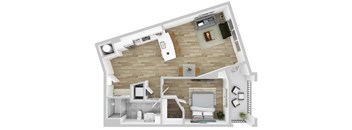 A top-down view of a modern apartment with a kitchen, living room, and bedroom.