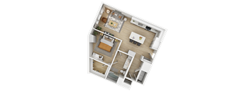 3D floor plan of one bedroom with dining area at The Yancey Apartments, Charlotte, NC