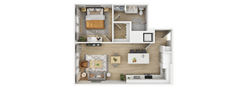 One bedroom floor plan with open living and kitchen space at The Yancey Apartments, Charlotte, North Carolina