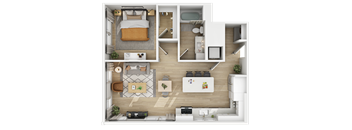3D floor plan of two bedroom apartment with two bathrooms at The Yancey Apartments, Charlotte