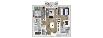 A top-down view of a small apartment with a kitchen, living room, and bathroom.