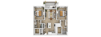 3D floor plan of two bedroom two bathroom apartment at The Yancey Apartments, North Carolina
