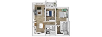 A 3D floor plan of a small apartment with a bedroom, living room, and bathroom.