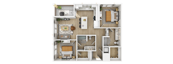 3D floor plan of two bedroom with dual bathrooms at The Yancey Apartments, North Carolina, 28217