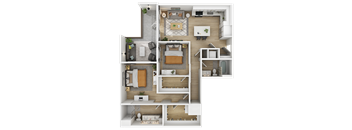 3D floor plan of two bedroom with balcony and dining at The Yancey Apartments, Charlotte, NC 28217