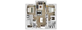 A top-down view of a modern apartment layout with a kitchen, living room, and bedrooms.