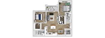 A 3D floor plan of a small apartment with a kitchen, living room, and bathroom.