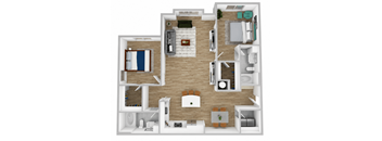 A 3D floor plan of a house with a kitchen, living room, and bedrooms.