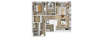 3D floor plan of two bedroom with open concept living at The Yancey Apartments, Charlotte, 28217